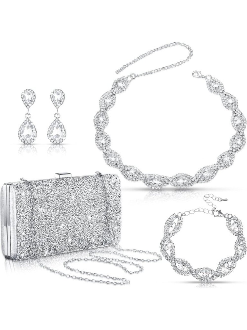 Elegant Silver Rhinestone Wedding Jewelry Set - 4 Pcs Bridal Accessories